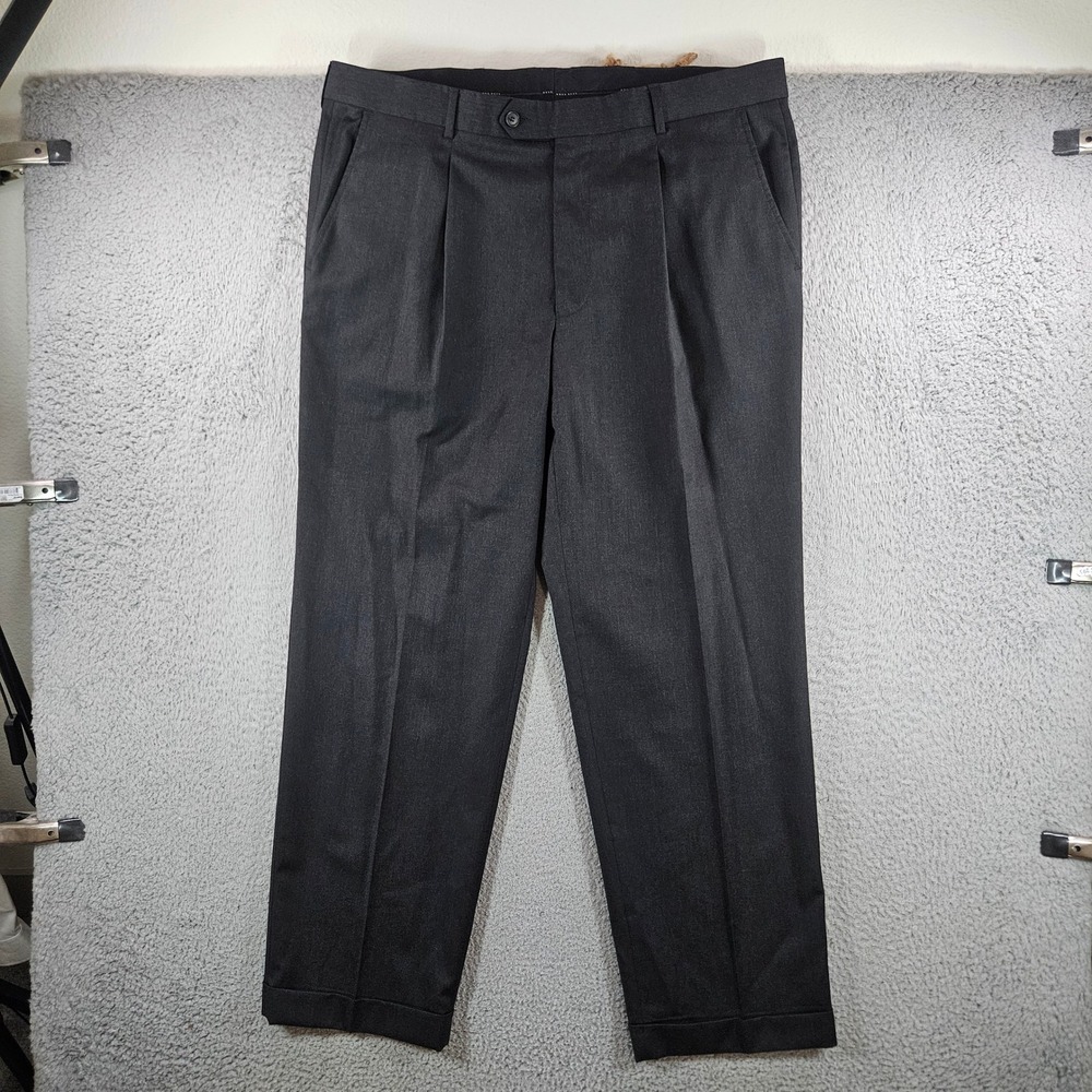 Hugo Boss Mens 38R Dark Charcoal Grey Virgin Wool Pleated Cuffed Dress Pants